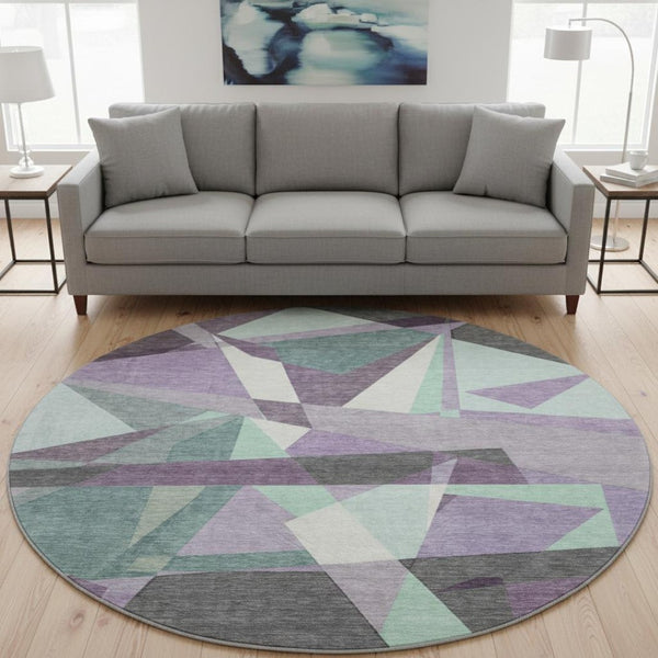 HomeRoots 8' X 8' Geometric Purple, Ivory & Teal Washable Round Rug with UV Protection for Modern Living Spaces 694758