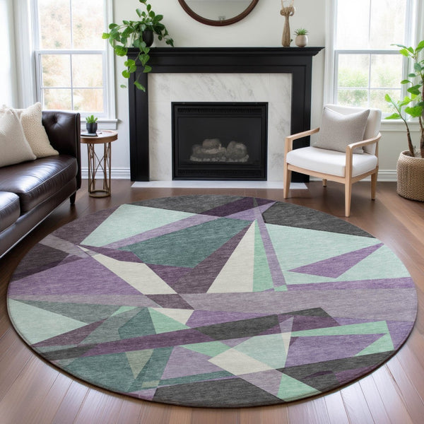 HomeRoots 8' X 8' Geometric Purple, Ivory & Teal Washable Round Rug with UV Protection for Modern Living Spaces 694758