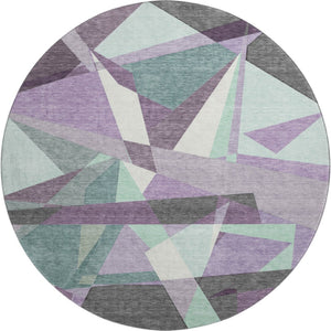 HomeRoots 8' X 8' Geometric Purple, Ivory & Teal Washable Round Rug with UV Protection for Modern Living Spaces 694758