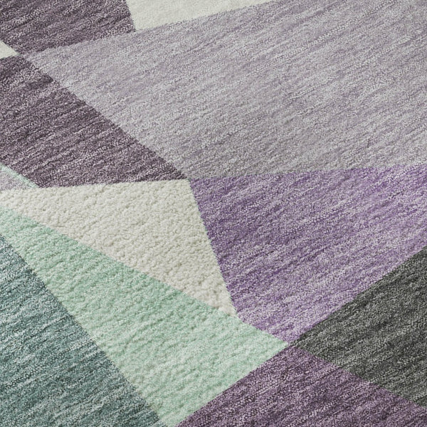 HomeRoots 8' X 8' Geometric Purple, Ivory & Teal Washable Round Rug with UV Protection for Modern Living Spaces 694758