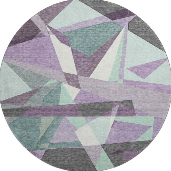 HomeRoots 8' X 8' Geometric Purple, Ivory & Teal Washable Round Rug with UV Protection for Modern Living Spaces 694758