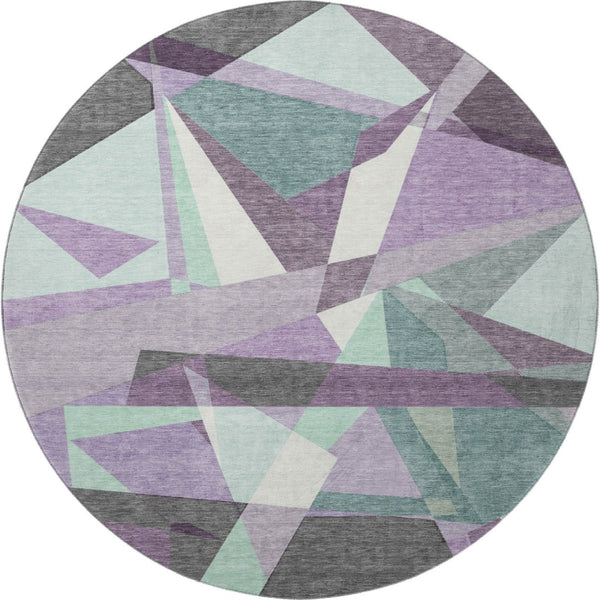 HomeRoots 8' X 8' Geometric Purple, Ivory & Teal Washable Round Rug with UV Protection for Modern Living Spaces 694758
