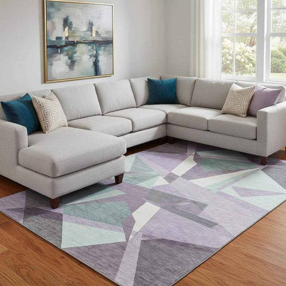 HomeRoots 8' Bold Purple, Ivory & Teal Geometric Area Rug - Washable, UV Protected, Durable for Busy Homes 694759