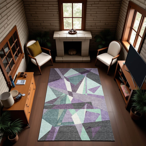 HomeRoots 9' X 12' Stylish Purple, Ivory & Teal Geometric Washable Area Rug with UV Protection for Homes 694760