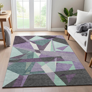 HomeRoots 9' X 12' Stylish Purple, Ivory & Teal Geometric Washable Area Rug with UV Protection for Homes 694760