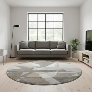 HomeRoots 8' X 8' Stylish Taupe Ivory Gray Geometric Washable Round Rug with UV Protection & Non-Slip Backing 694764