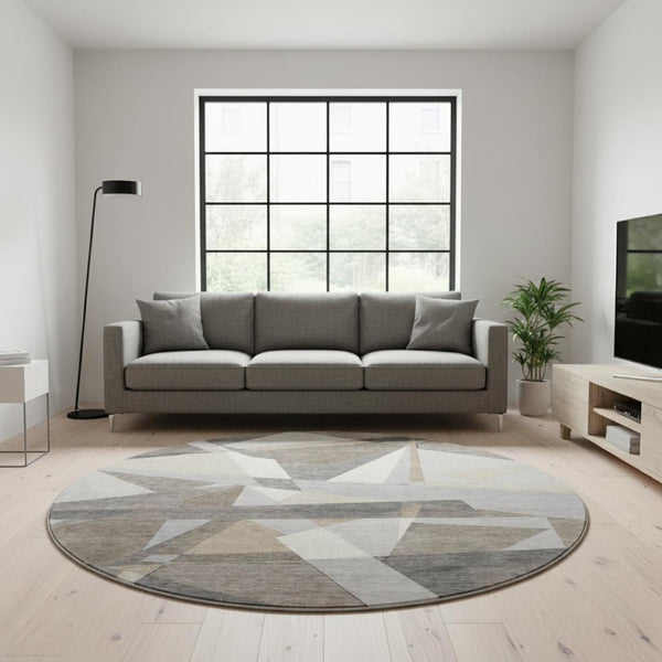 HomeRoots 8' X 8' Stylish Taupe Ivory Gray Geometric Washable Round Rug with UV Protection & Non-Slip Backing 694764