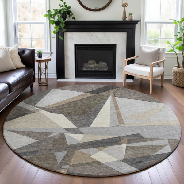HomeRoots 8' X 8' Stylish Taupe Ivory Gray Geometric Washable Round Rug with UV Protection & Non-Slip Backing 694764