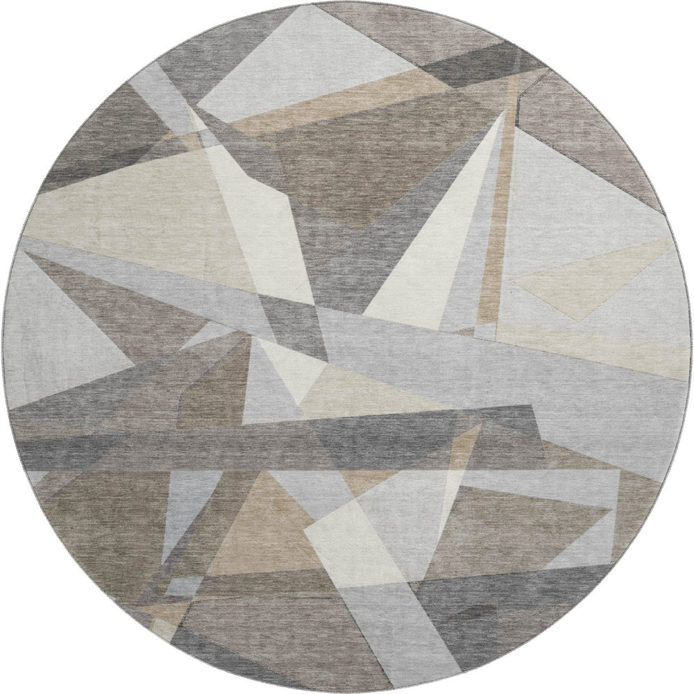 HomeRoots 8' X 8' Stylish Taupe Ivory Gray Geometric Washable Round Rug with UV Protection & Non-Slip Backing 694764