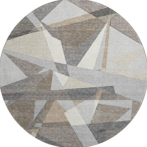 HomeRoots 8' X 8' Stylish Taupe Ivory Gray Geometric Washable Round Rug with UV Protection & Non-Slip Backing 694764