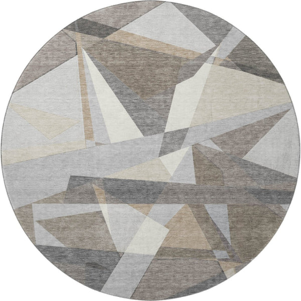 HomeRoots 8' X 8' Stylish Taupe Ivory Gray Geometric Washable Round Rug with UV Protection & Non-Slip Backing 694764