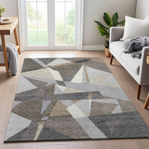 HomeRoots 8' Taupe Ivory and Gray Geometric Washable Area Rug - UV Protected, Stain Resistant, Durable Design 694765