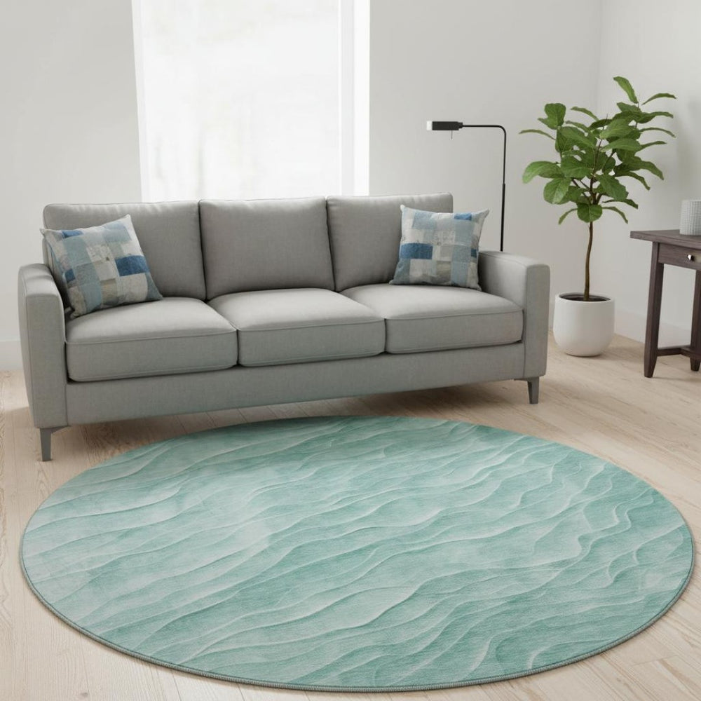 HomeRoots 8' X 8' Modern Aqua and Ivory Abstract Round Rug with UV Protection, Washable, and Stain Resistant 694770