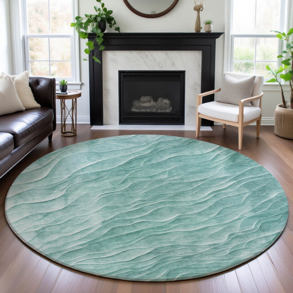 HomeRoots 8' X 8' Modern Aqua and Ivory Abstract Round Rug with UV Protection, Washable, and Stain Resistant 694770