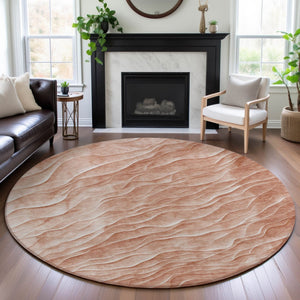 HomeRoots 8' X 8' Coral and Ivory Abstract Round Rug - Stylish, Washable, UV Protected for High-Traffic Areas 694776