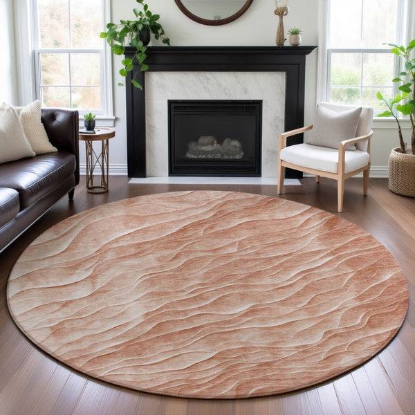 HomeRoots 8' X 8' Coral and Ivory Abstract Round Rug - Stylish, Washable, UV Protected for High-Traffic Areas 694776