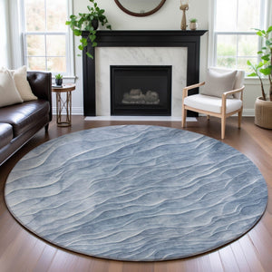 HomeRoots 8' Round Washable Denim Blue and Ivory Abstract Rug with UV Protection and Stain Resistance Features 694782