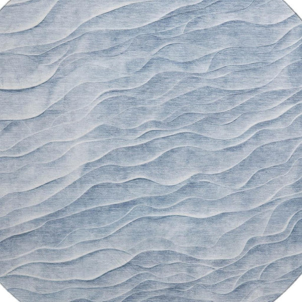 HomeRoots 8' Round Washable Denim Blue and Ivory Abstract Rug with UV Protection and Stain Resistance Features 694782