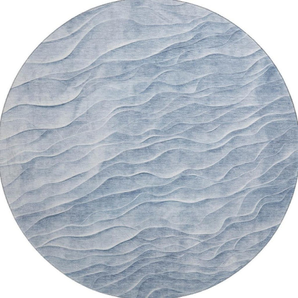 HomeRoots 8' Round Washable Denim Blue and Ivory Abstract Rug with UV Protection and Stain Resistance Features 694782