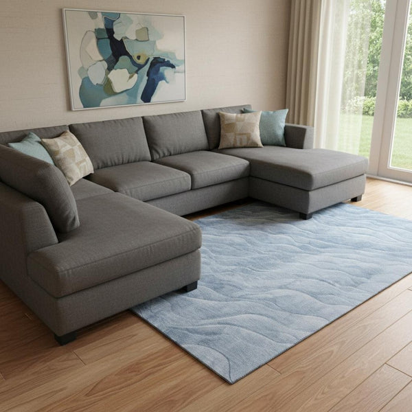 HomeRoots 8' Denim Blue and Ivory Abstract Area Rug - Stain Resistant, UV Protected, Perfect for High Traffic Areas 694783
