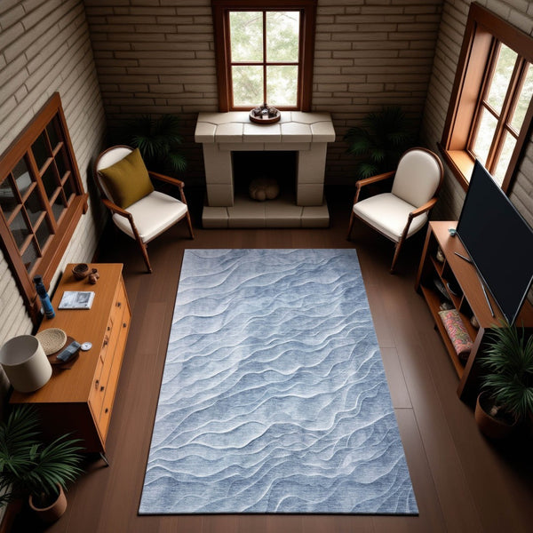 HomeRoots 8' Denim Blue and Ivory Abstract Area Rug - Stain Resistant, UV Protected, Perfect for High Traffic Areas 694783