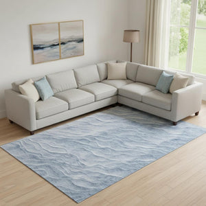 HomeRoots 9' X 12' Denim Blue & Ivory Abstract Area Rug - Washable, UV Protected, Stylish & Durable Design 694784