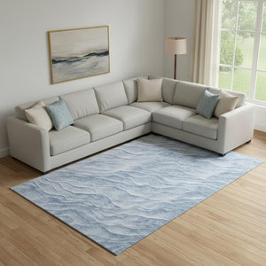 HomeRoots 10' Denim Blue and Ivory Abstract Area Rug - Washable, UV-Protected, Stain-Resistant, Durable Design 694785