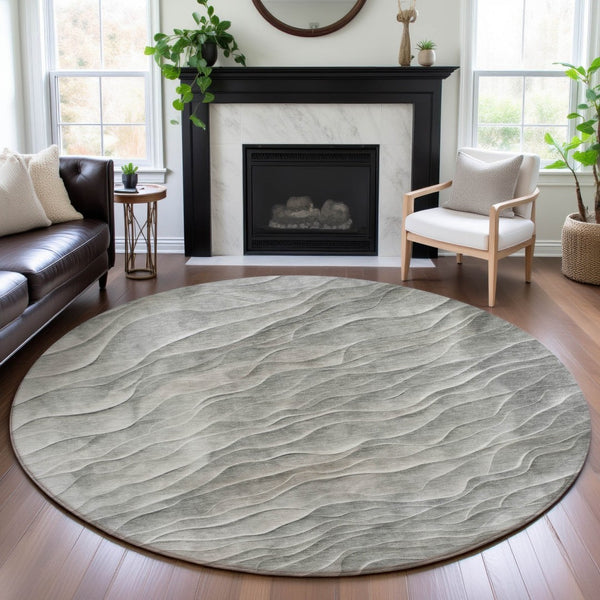 HomeRoots 8' X 8' Taupe & Ivory Abstract Washable Round Rug with UV Protection for Modern Living Spaces 694788