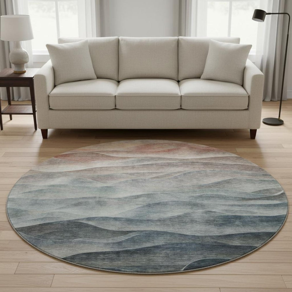 HomeRoots 8' Round Teal Ivory Salmon Abstract Washable Rug - UV Resistant, Stain-Proof for High-Traffic Areas 694794