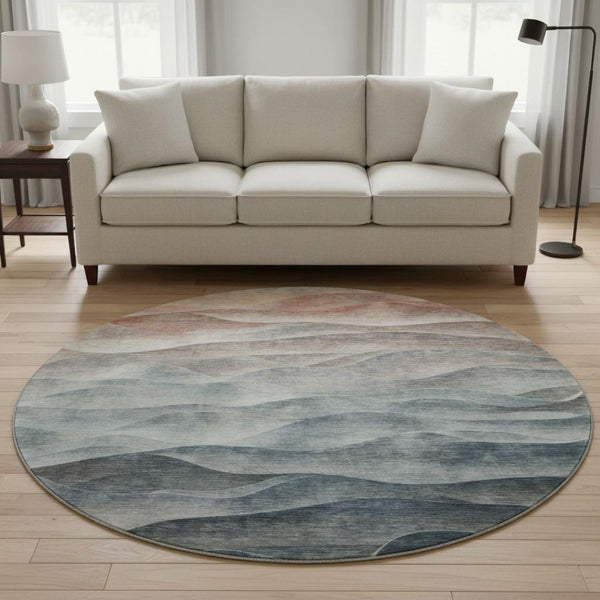 HomeRoots 8' Round Teal Ivory Salmon Abstract Washable Rug - UV Resistant, Stain-Proof for High-Traffic Areas 694794