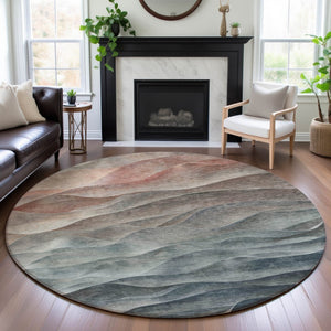 HomeRoots 8' Round Teal Ivory Salmon Abstract Washable Rug - UV Resistant, Stain-Proof for High-Traffic Areas 694794
