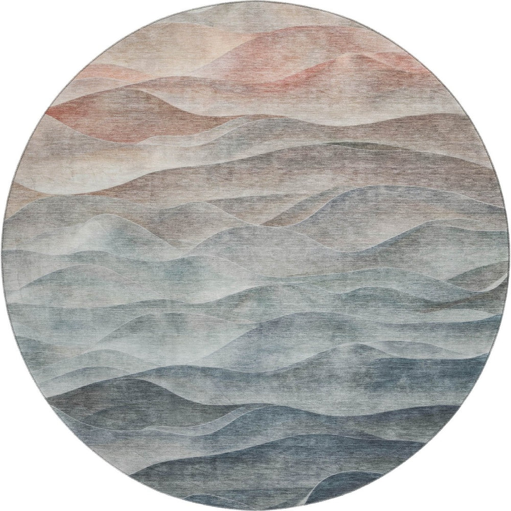 HomeRoots 8' Round Teal Ivory Salmon Abstract Washable Rug - UV Resistant, Stain-Proof for High-Traffic Areas 694794