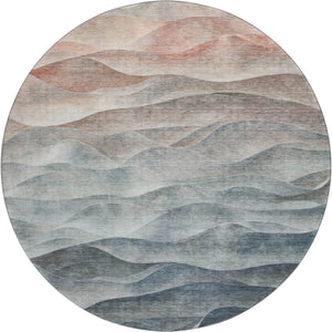 HomeRoots 8' Round Teal Ivory Salmon Abstract Washable Rug - UV Resistant, Stain-Proof for High-Traffic Areas 694794