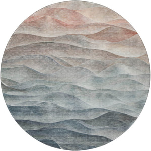 HomeRoots 8' Round Teal Ivory Salmon Abstract Washable Rug - UV Resistant, Stain-Proof for High-Traffic Areas 694794