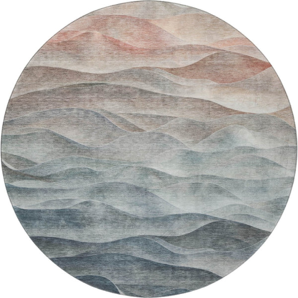 HomeRoots 8' Round Teal Ivory Salmon Abstract Washable Rug - UV Resistant, Stain-Proof for High-Traffic Areas 694794