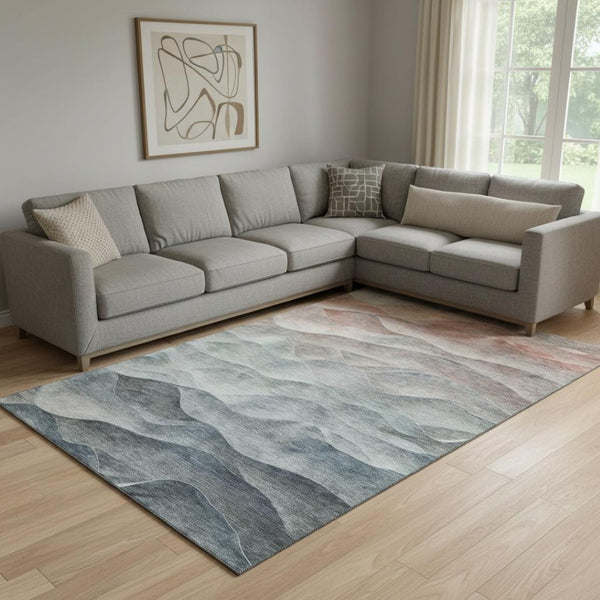 HomeRoots 8' Teal, Ivory & Salmon Abstract Washable Area Rug - Durable, UV-Protected, Modern Design for Homes 694795