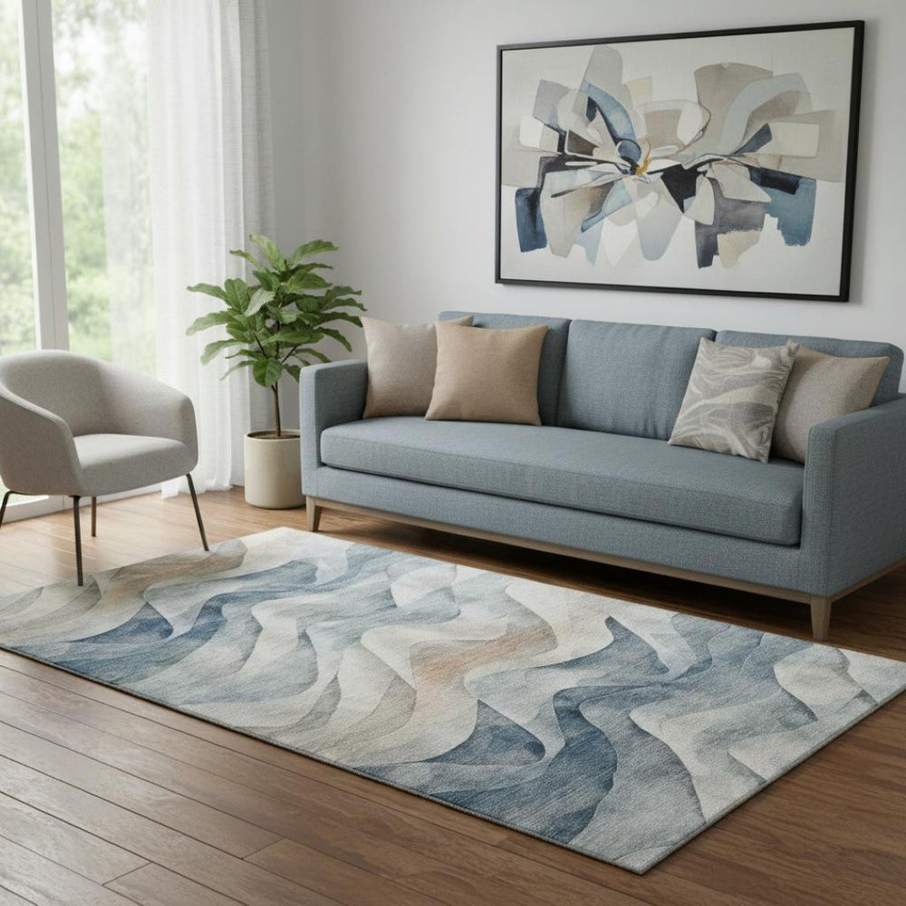 HomeRoots 5' X 8' Stylish Blue Beige Ivory Abstract Washable Area Rug with UV Protection for High-Traffic Homes 694805