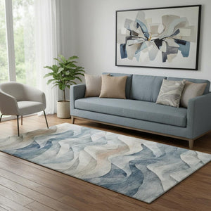 HomeRoots 5' X 8' Stylish Blue Beige Ivory Abstract Washable Area Rug with UV Protection for High-Traffic Homes 694805