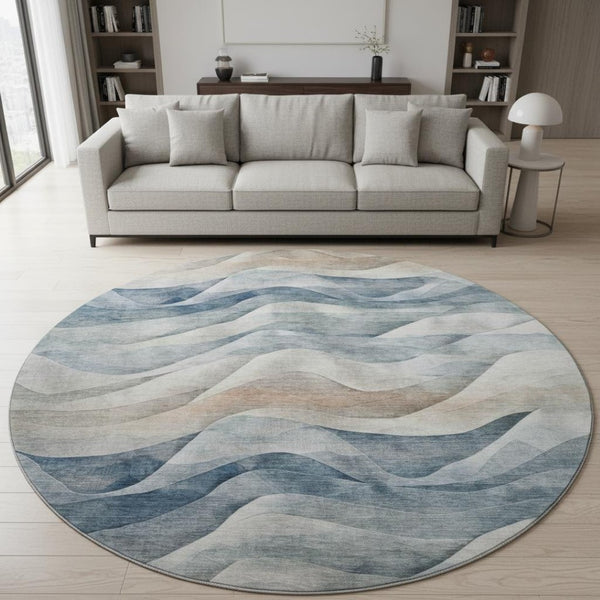 HomeRoots 8' X 8' Washable Round Rug with Abstract Blue Beige Ivory Design, UV Protection & Stain Resistance 694806