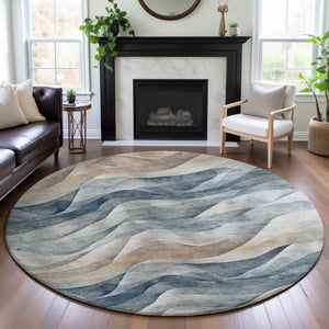 HomeRoots 8' X 8' Washable Round Rug with Abstract Blue Beige Ivory Design, UV Protection & Stain Resistance 694806