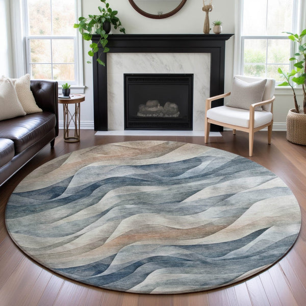 HomeRoots 8' X 8' Washable Round Rug with Abstract Blue Beige Ivory Design, UV Protection & Stain Resistance 694806