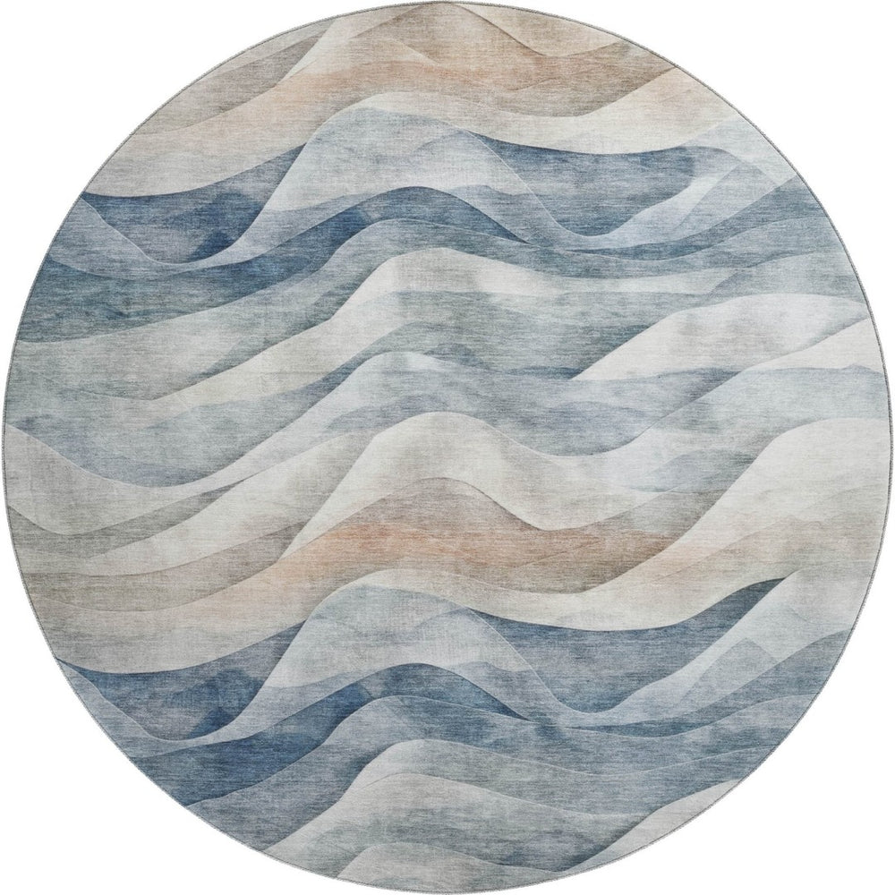 HomeRoots 8' X 8' Washable Round Rug with Abstract Blue Beige Ivory Design, UV Protection & Stain Resistance 694806