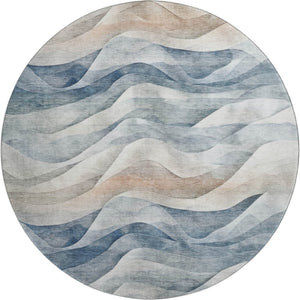 HomeRoots 8' X 8' Washable Round Rug with Abstract Blue Beige Ivory Design, UV Protection & Stain Resistance 694806
