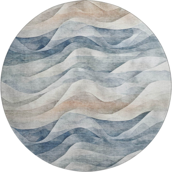 HomeRoots 8' X 8' Washable Round Rug with Abstract Blue Beige Ivory Design, UV Protection & Stain Resistance 694806