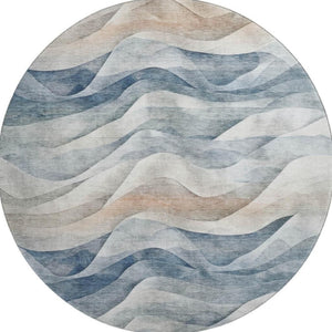 HomeRoots 8' X 8' Washable Round Rug with Abstract Blue Beige Ivory Design, UV Protection & Stain Resistance 694806