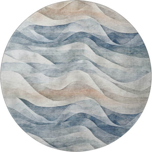 HomeRoots 8' X 8' Washable Round Rug with Abstract Blue Beige Ivory Design, UV Protection & Stain Resistance 694806
