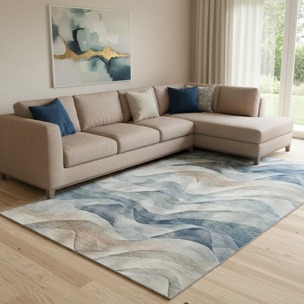 HomeRoots 8' Abstract Washable Area Rug in Blue, Beige & Ivory - UV Protected, Stain-Resistant & Stylish! 694807