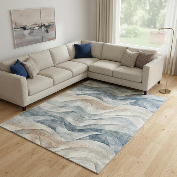 HomeRoots 9' X 12' Stylish Blue Beige Ivory Abstract Washable Area Rug with UV Protection for High Traffic Rooms 694808