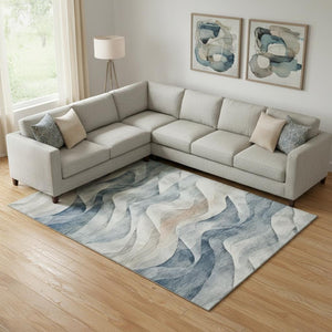HomeRoots 10' X 14' Abstract Area Rug in Blue, Beige & Ivory - Washable, UV-Protected, Durable & Stylish! 694809