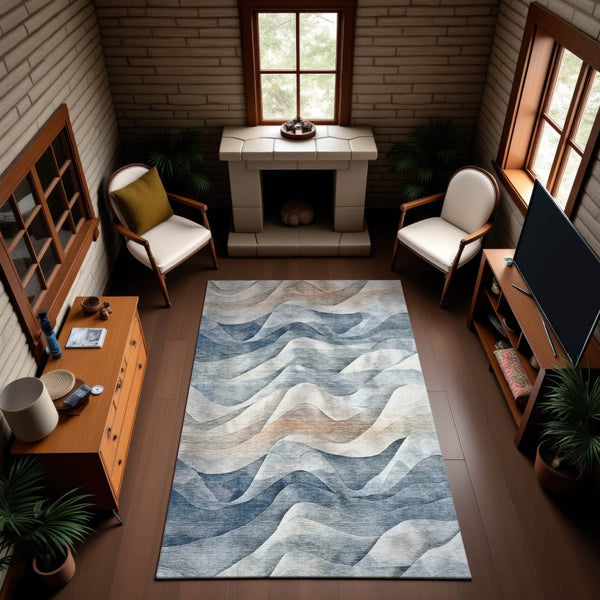 HomeRoots 10' X 14' Abstract Area Rug in Blue, Beige & Ivory - Washable, UV-Protected, Durable & Stylish! 694809